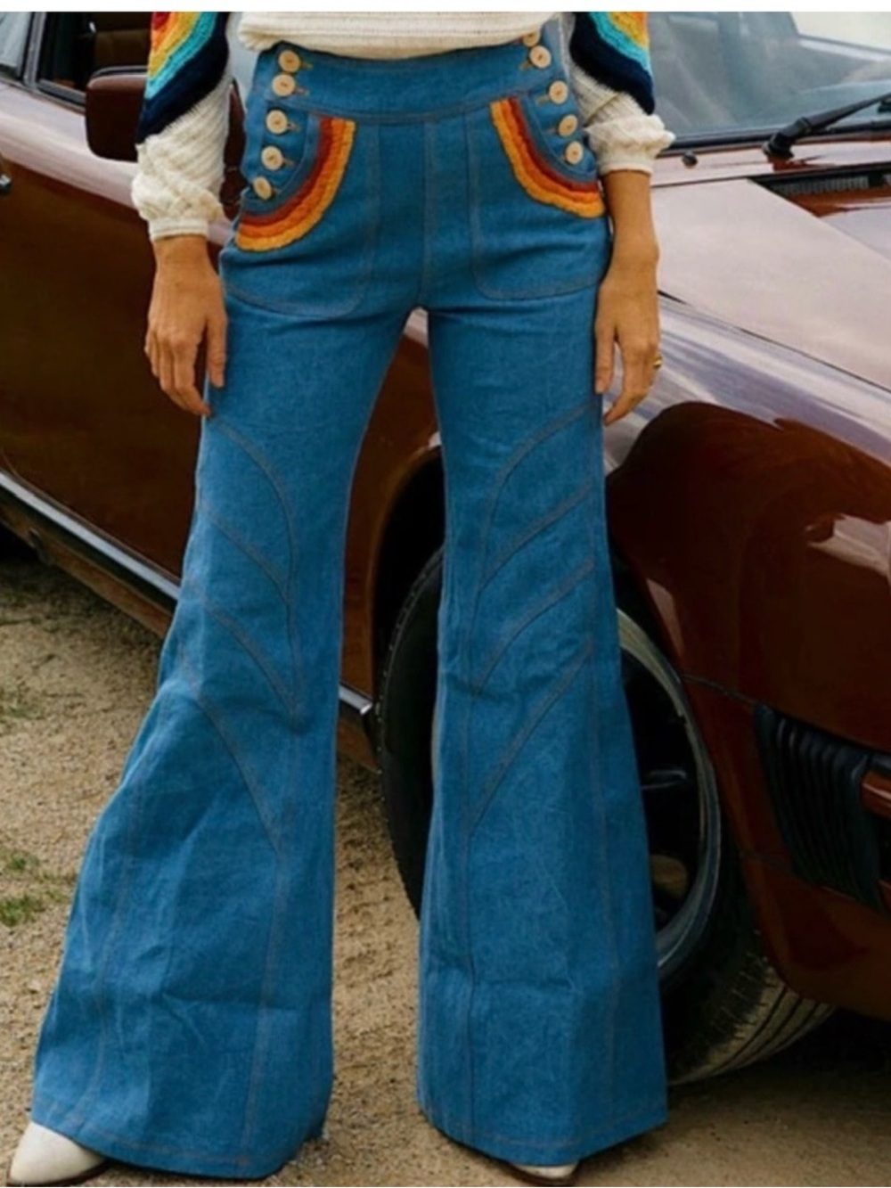 🌼 Chasing Unicorns Red Hot Jeans with Rainbow Trim - Picture 4 of 11
